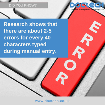 Research shows that there are about 2-5 errors for every 40 characters typed during manual entry. Source_ IDC