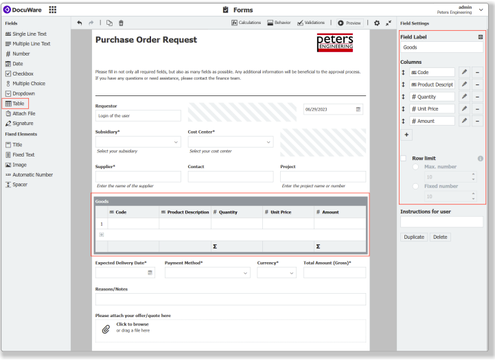 Tables in digital forms